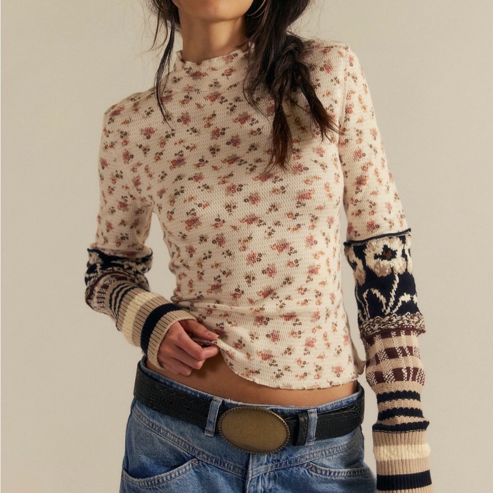 We The Free Cream Floral Mixed-Print Long Sleeve Top